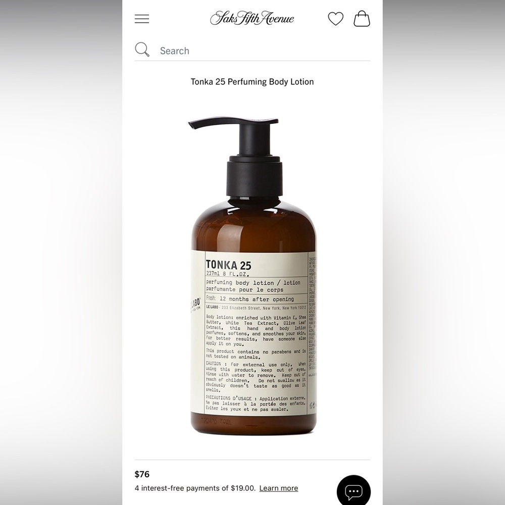Brand New Le Labo Tonka 25 Body Lotion